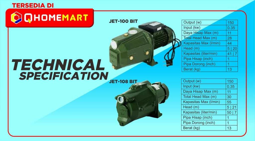 spesifikasi teknis jet pump 100 bit dan 108 bit shimizu